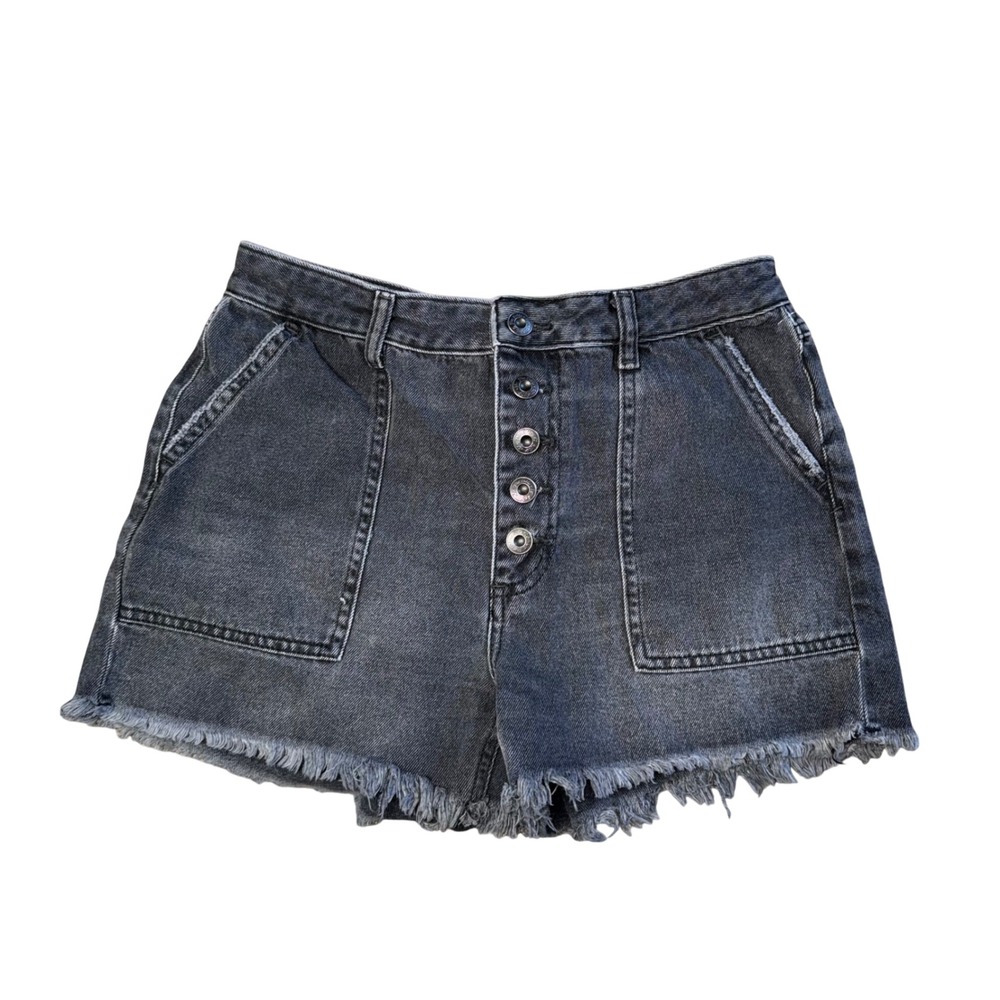 Free People Denim‎ Shorts Women 28 Black Excellent Button Fly Cinch Back Frayed